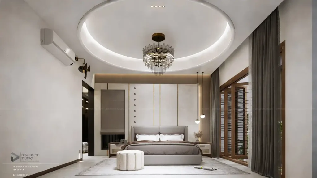 A stylish modern bedroom with a round recessed ceiling