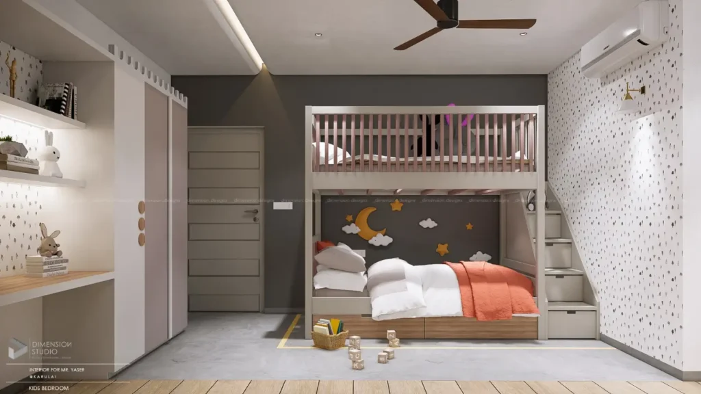 Modern kids’ bedroom with bunk beds, playful wall decor, and soft pastel tones