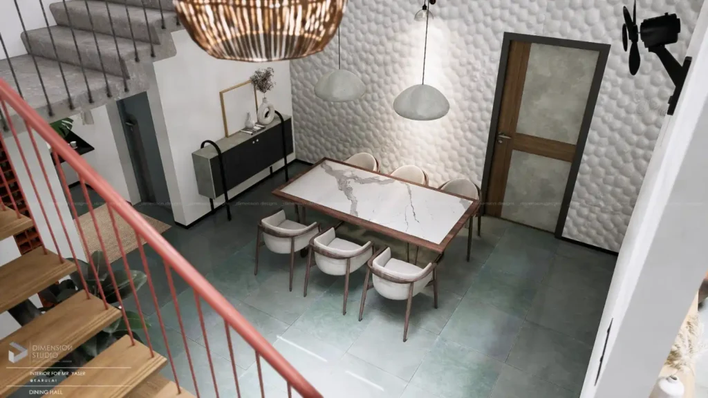 A modern dining hall with a marble-top table, six upholstered chairs, textured white accent wall, and pendant lights