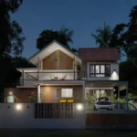 Modern two-story house with balcony and exterior lighting at night