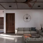 Modern living room with neutral sofas and wall clock decor