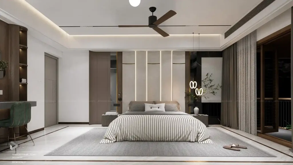 Modern master bedroom with a striped bedspread, accent lighting, ceiling fan, floor-to-ceiling curtains, and a cozy, minimalistic design