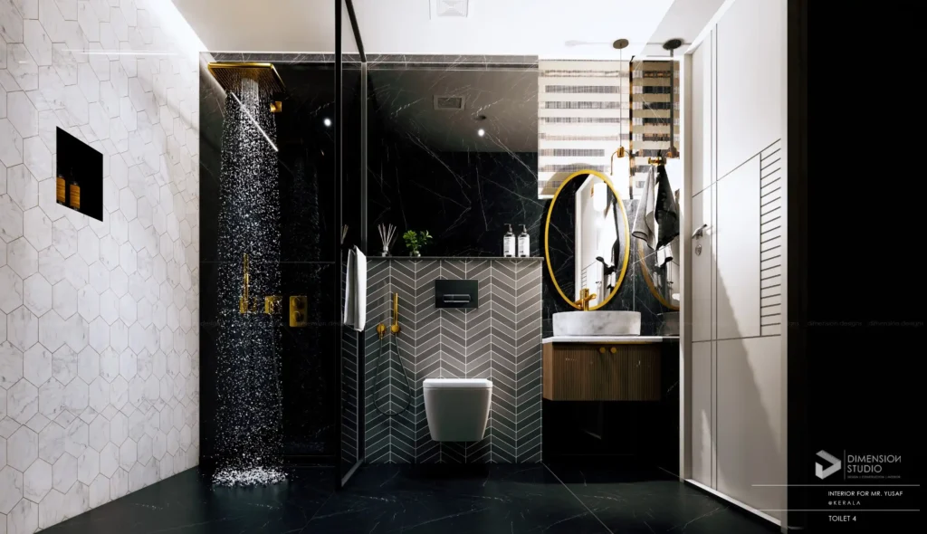 Modern bathroom with black and white tiles
