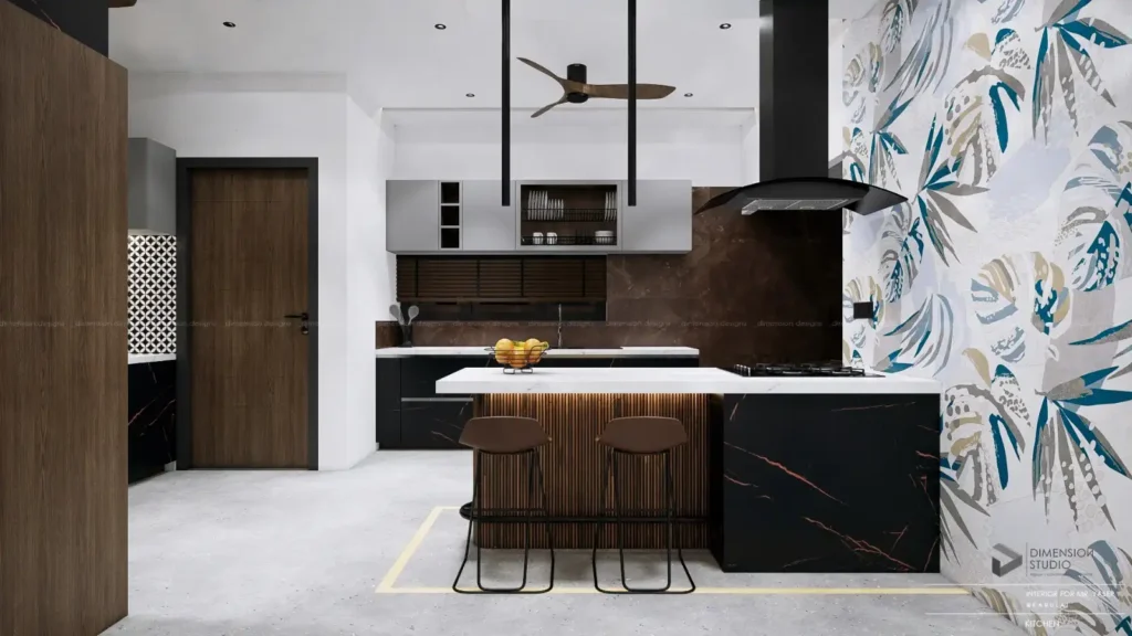 Modern kitchen with island seating, bold floral wall, and dark cabinetry