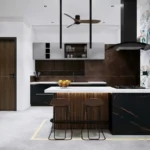 Modern kitchen with island seating, bold floral wall, and dark cabinetry